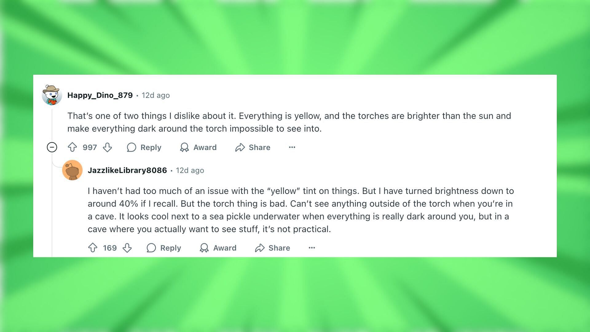 Reddit reacts to the Vibrant Visuals' yellow tint (Image via Reddit)
